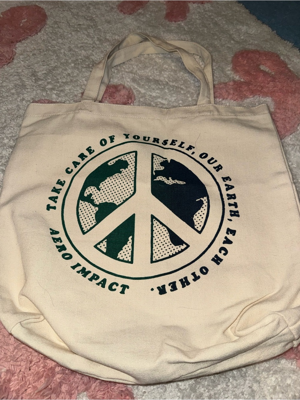 aerie Cream Canvas Tote with Green Peace Earth Graphic